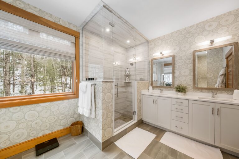 Beautiful bathroom interior design. Custom-built house in the mountains.